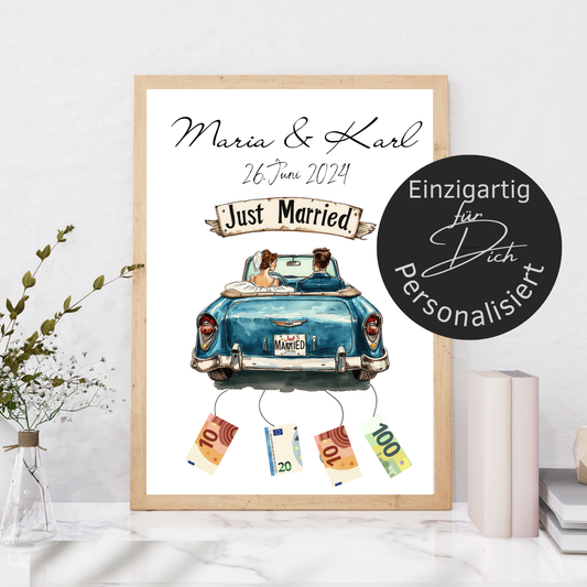 Originelles Geldgeschenk zur Hochzeit im Hochzeitsauto-Design. Personalisierbar, sofort ausdrucken & verschenken. Perfekt für Flitterwochen!