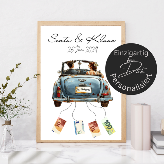 Personalisiertes Geldgeschenk zur Hochzeit mit Braut & Bräutigam im Auto. Sofort-Download, ausdrucken, Geld befestigen & verschenken.