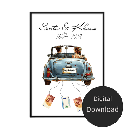 Personalisiertes Geldgeschenk zur Hochzeit mit Braut & Bräutigam im Auto. Sofort-Download, ausdrucken, Geld befestigen & verschenken.