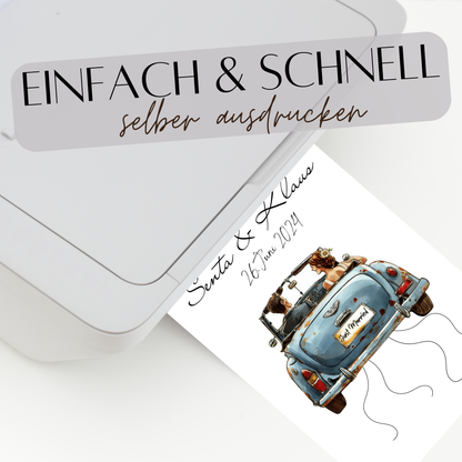 Personalisiertes Geldgeschenk zur Hochzeit mit Braut & Bräutigam im Auto. Sofort-Download, ausdrucken, Geld befestigen & verschenken.