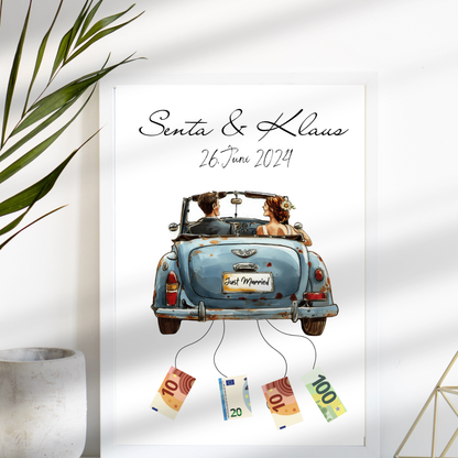 Personalisiertes Geldgeschenk zur Hochzeit mit Braut & Bräutigam im Auto. Sofort-Download, ausdrucken, Geld befestigen & verschenken.