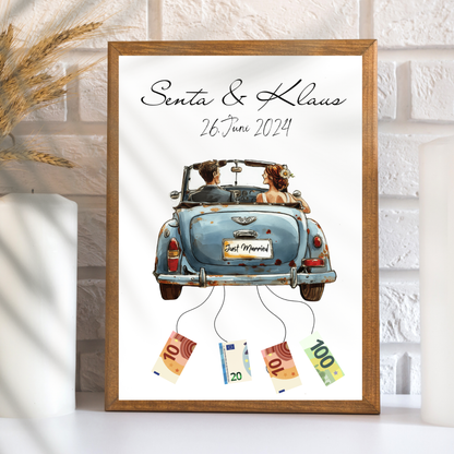 Personalisiertes Geldgeschenk zur Hochzeit mit Braut & Bräutigam im Auto. Sofort-Download, ausdrucken, Geld befestigen & verschenken.