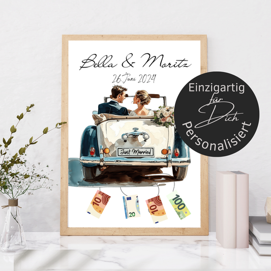 Personalisierbares Geldgeschenk zur Hochzeit – Braut & Bräutigam im weißen Auto als Digitaler Download. Einfach ausdrucken & Geldscheine befestigen.