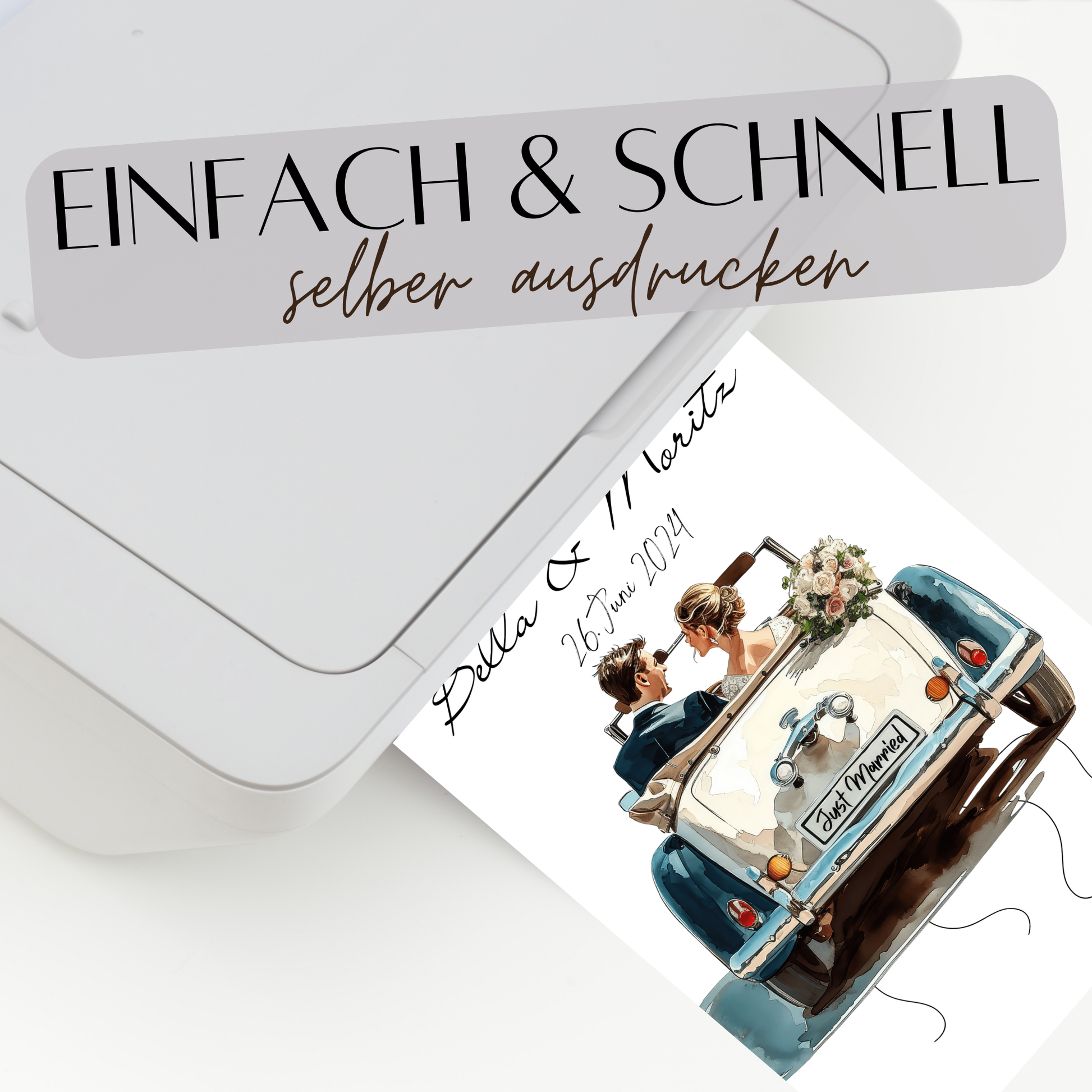 Personalisierbares Geldgeschenk zur Hochzeit – Braut & Bräutigam im weißen Auto als Digitaler Download. Einfach ausdrucken & Geldscheine befestigen.