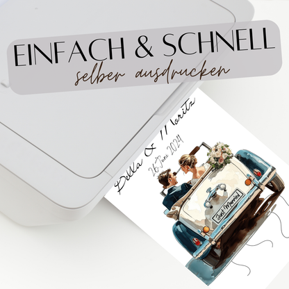 Personalisierbares Geldgeschenk zur Hochzeit – Braut & Bräutigam im weißen Auto als Digitaler Download. Einfach ausdrucken & Geldscheine befestigen.