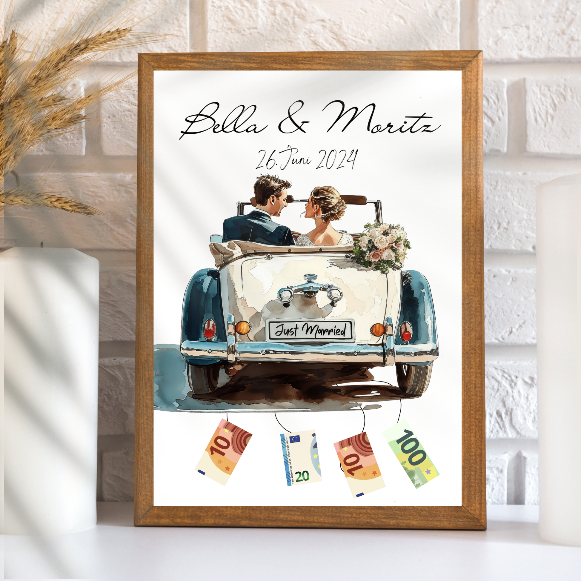Personalisierbares Geldgeschenk zur Hochzeit – Braut & Bräutigam im weißen Auto als Digitaler Download. Einfach ausdrucken & Geldscheine befestigen.