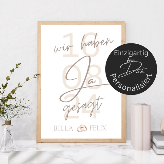 Personalisiertes Hochzeitsposter „Wir haben JA gesagt“ mit Namen & Datum. Digitaler Download, sofort ausdrucken & verschenken.