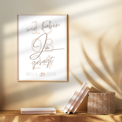 Personalisiertes Hochzeitsposter „Wir haben JA gesagt“ mit Namen & Datum. Digitaler Download, sofort ausdrucken & verschenken.