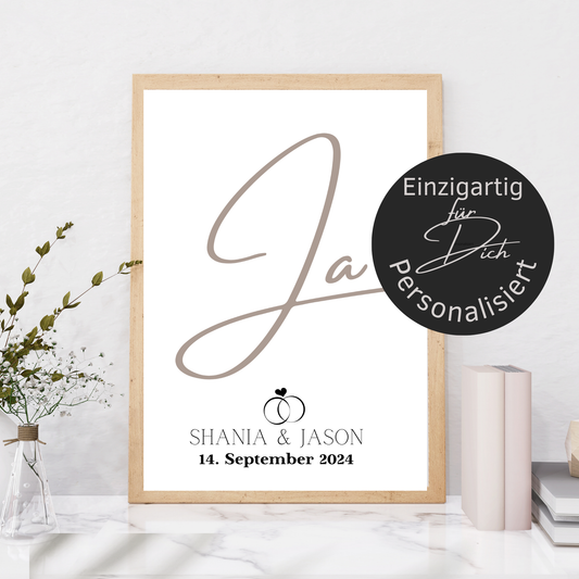 Personalisierte Hochzeitsvorlage „JA“ als Digitaler Download. Last Minute Geschenkidee mit Namen & Datum – einfach ausdrucken & einrahmen.