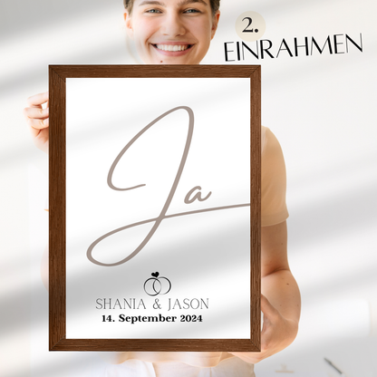 Personalisierte Hochzeitsvorlage „JA“ als Digitaler Download. Last Minute Geschenkidee mit Namen & Datum – einfach ausdrucken & einrahmen.