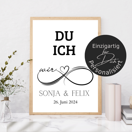 Personalisierbares Hochzeitsposter „DU ICH WIR“ mit Name & Datum. Digitaler Download – einfach ausdrucken & verschenken. Perfekt als Last-Minute-Geschenk.
