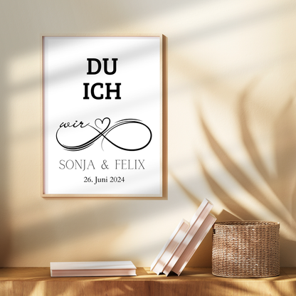 Personalisierbares Hochzeitsposter „DU ICH WIR“ mit Name & Datum. Digitaler Download – einfach ausdrucken & verschenken. Perfekt als Last-Minute-Geschenk.
