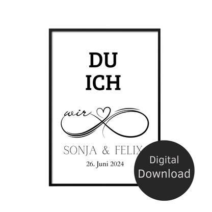 Personalisierbares Hochzeitsposter „DU ICH WIR“ mit Name & Datum. Digitaler Download – einfach ausdrucken & verschenken. Perfekt als Last-Minute-Geschenk.