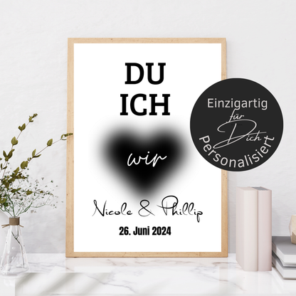Personalisiertes Hochzeitsposter "DU ICH WIR" im Herz – Name & Datum. Sofort-Download, selbst ausdrucken. Perfektes Last-Minute-Hochzeitsgeschenk.
