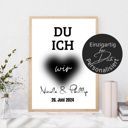 Personalisiertes Hochzeitsposter "DU ICH WIR" im Herz – Name & Datum. Sofort-Download, selbst ausdrucken. Perfektes Last-Minute-Hochzeitsgeschenk.