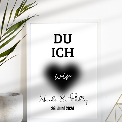 Personalisiertes Hochzeitsposter "DU ICH WIR" im Herz – Name & Datum. Sofort-Download, selbst ausdrucken. Perfektes Last-Minute-Hochzeitsgeschenk.
