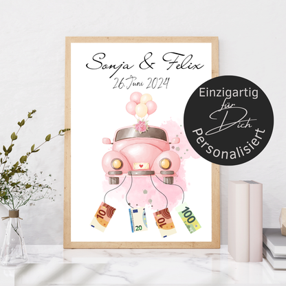 Personalisiertes Geldgeschenk Hochzeit mit rosa Hochzeitsauto als Digitaler Download. Last Minute, individuell mit Namen & Datum – sofort ausdrucken.