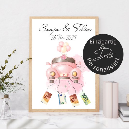 Personalisiertes Geldgeschenk Hochzeit mit rosa Hochzeitsauto als Digitaler Download. Last Minute, individuell mit Namen & Datum – sofort ausdrucken.