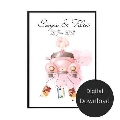 Personalisiertes Geldgeschenk Hochzeit mit rosa Hochzeitsauto als Digitaler Download. Last Minute, individuell mit Namen & Datum – sofort ausdrucken.