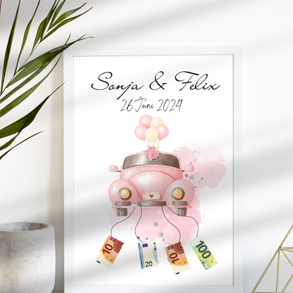 Personalisiertes Geldgeschenk Hochzeit mit rosa Hochzeitsauto als Digitaler Download. Last Minute, individuell mit Namen & Datum – sofort ausdrucken.