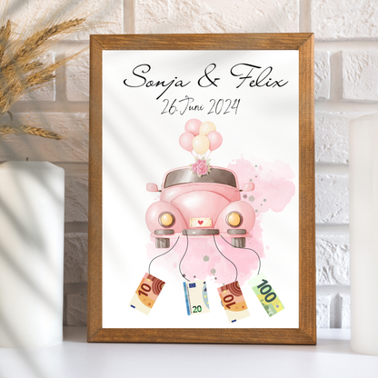 Personalisiertes Geldgeschenk Hochzeit mit rosa Hochzeitsauto als Digitaler Download. Last Minute, individuell mit Namen & Datum – sofort ausdrucken.