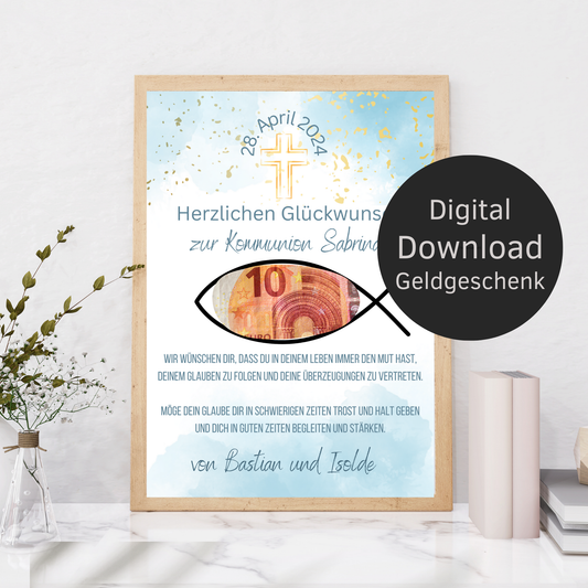 Personalisiertes Geldgeschenk zur Kommunion mit Name & Datum. Digitaler Download zum Ausdrucken. Last-Minute-Geschenkidee – schnell & individuell.
