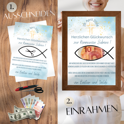 Personalisiertes Geldgeschenk zur Kommunion mit Name & Datum. Digitaler Download zum Ausdrucken. Last-Minute-Geschenkidee – schnell & individuell.
