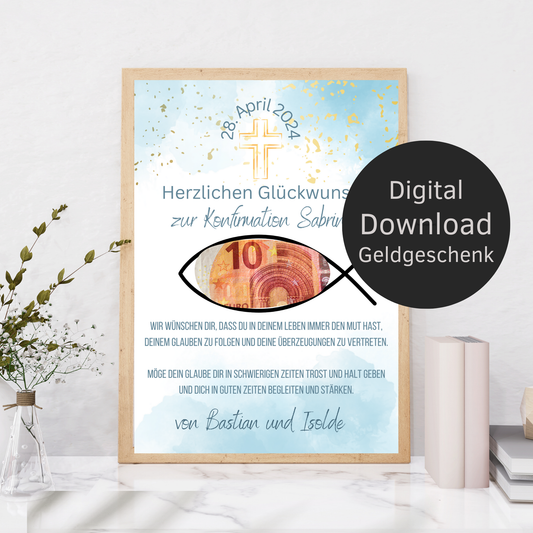 Personalisiertes Geldgeschenk zur Konfirmation. Digitaler Download, Name & Text anpassbar. Sofort ausdrucken – ideales Last-Minute-Geschenk.