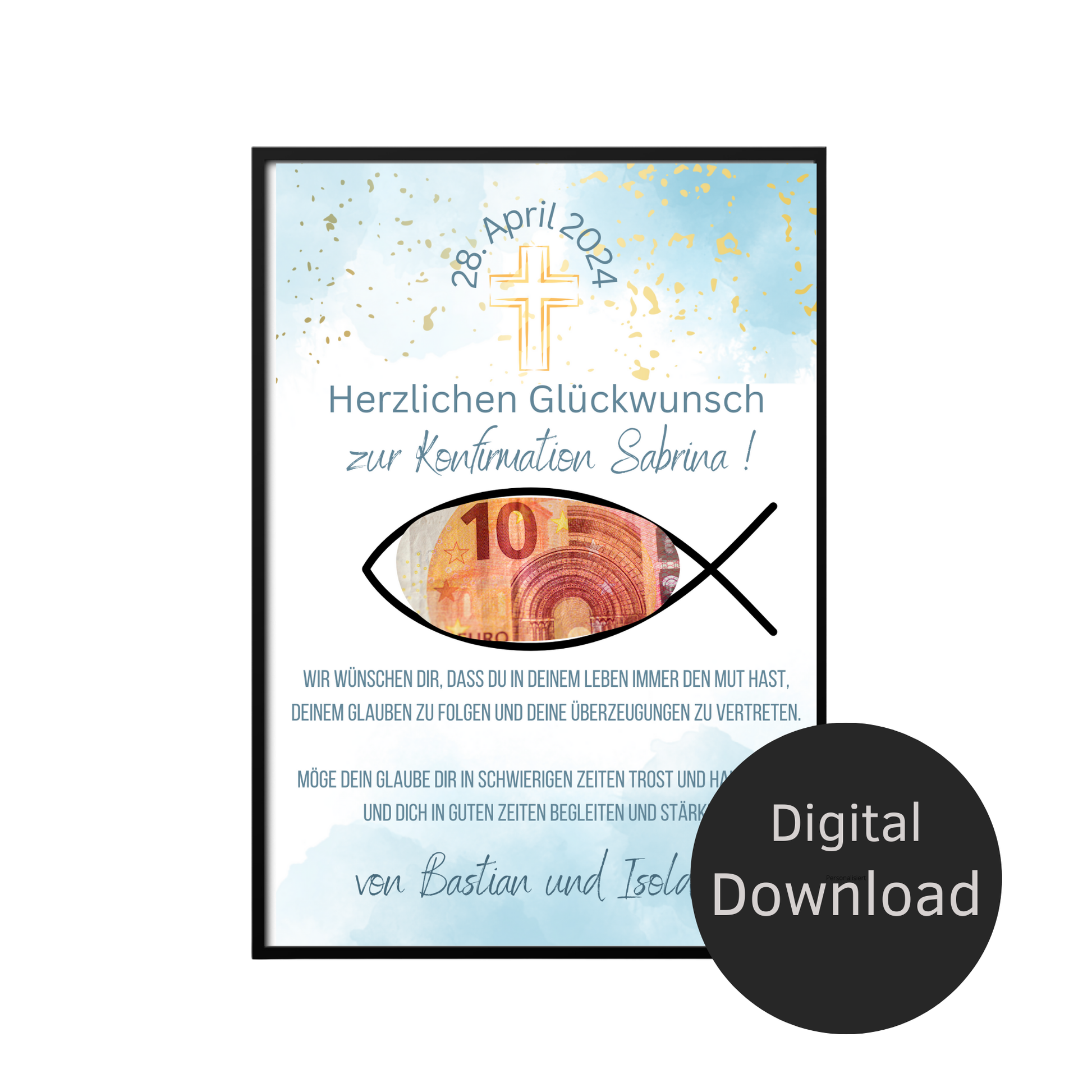 Personalisiertes Geldgeschenk zur Konfirmation. Digitaler Download, Name & Text anpassbar. Sofort ausdrucken – ideales Last-Minute-Geschenk.