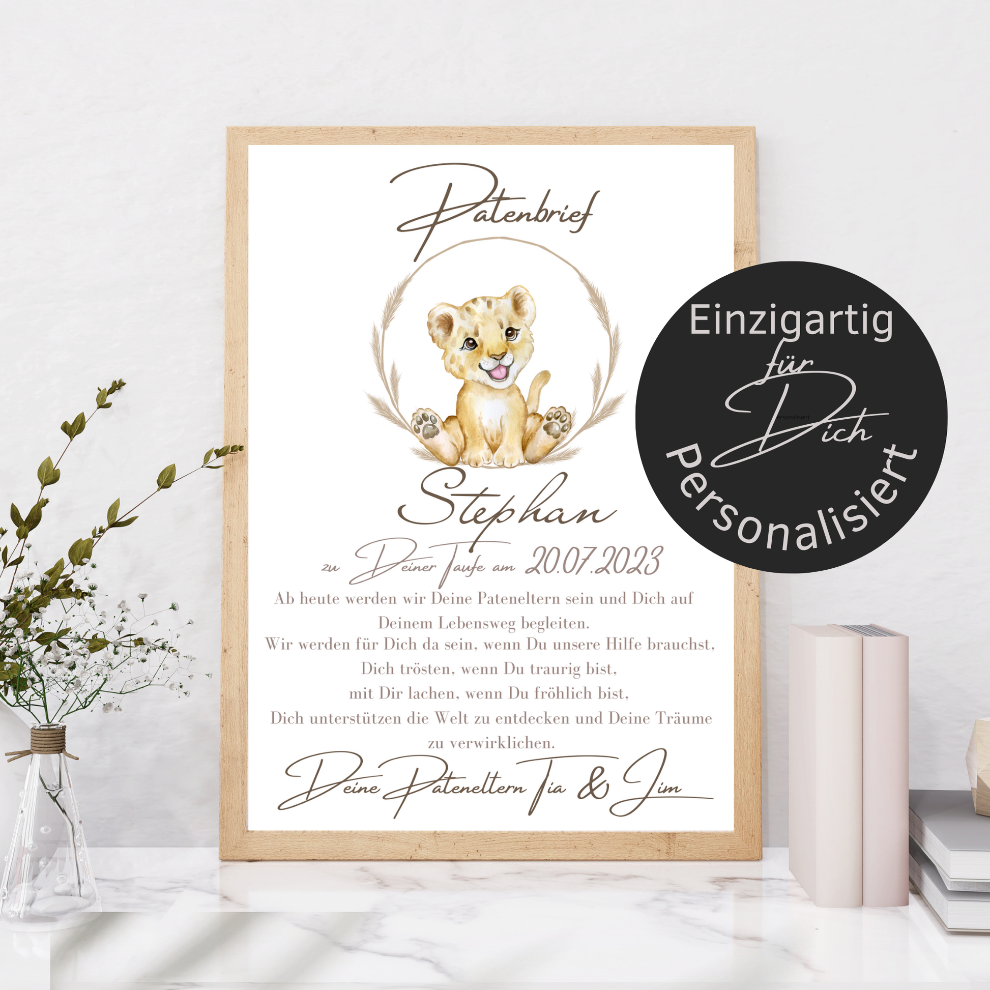 Personalisierter Patenbrief Löwe als PDF – Geschenk zur Taufe für Patenkind. Sofort ausdrucken, einrahmen & verschenken. Last Minute Geschenkidee.

