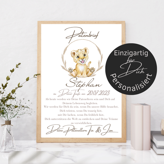 Personalisierter Patenbrief Löwe als PDF – Geschenk zur Taufe für Patenkind. Sofort ausdrucken, einrahmen & verschenken. Last Minute Geschenkidee.


