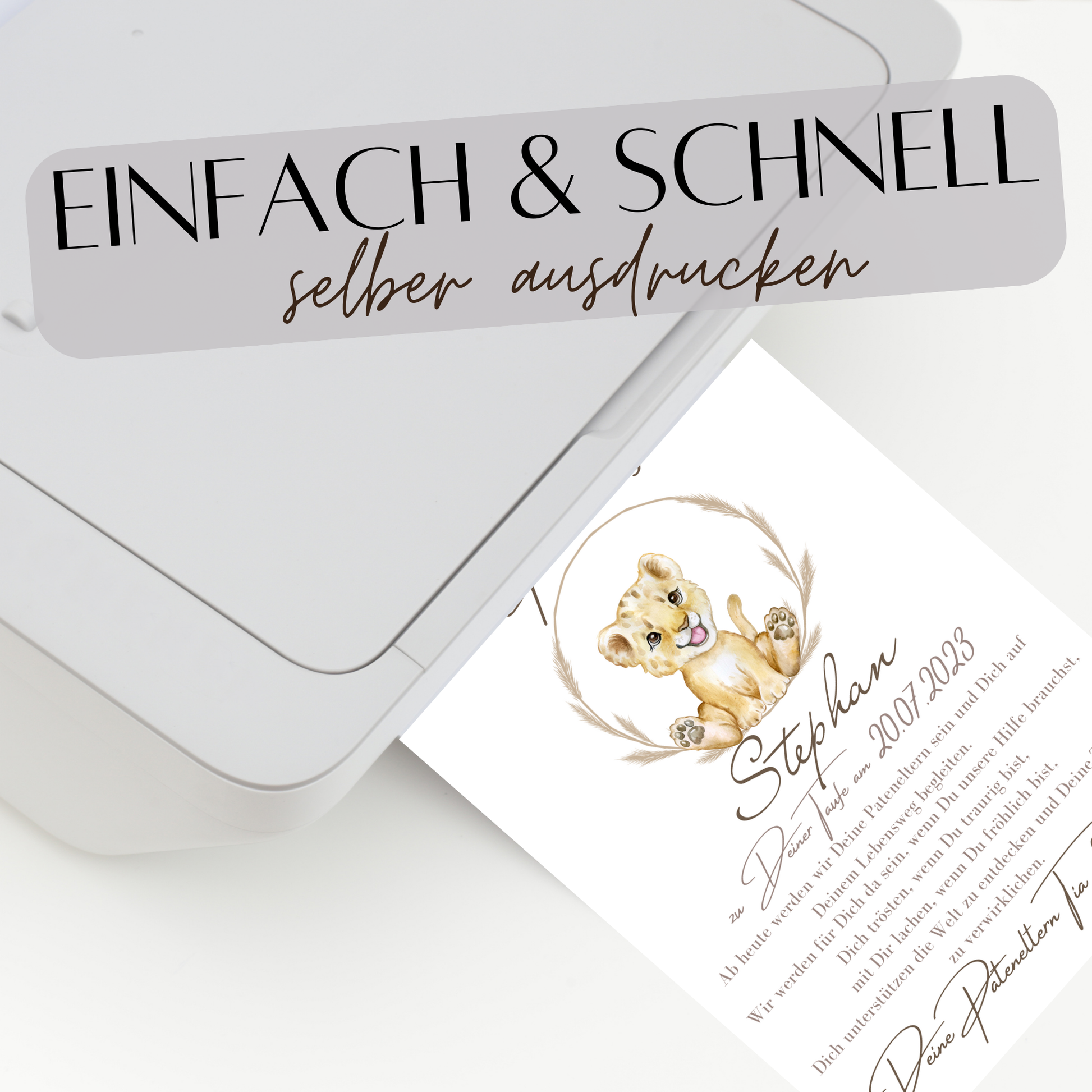 Personalisierter Patenbrief Löwe als PDF – Geschenk zur Taufe für Patenkind. Sofort ausdrucken, einrahmen & verschenken. Last Minute Geschenkidee.

