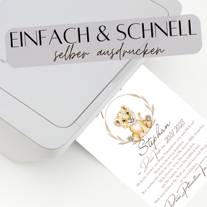 Personalisierter Patenbrief Löwe als PDF – Geschenk zur Taufe für Patenkind. Sofort ausdrucken, einrahmen & verschenken. Last Minute Geschenkidee.

