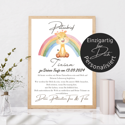 Personalisierter Patenbrief mit Giraffe & Regenbogen zur Taufe oder Geburt. Digitaler Download, Last Minute Geschenk, sofort ausdrucken & verschenken.