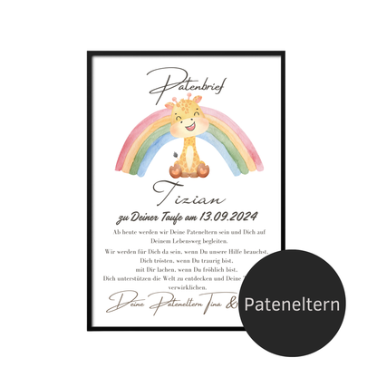 Personalisierter Patenbrief mit Giraffe & Regenbogen zur Taufe oder Geburt. Digitaler Download, Last Minute Geschenk, sofort ausdrucken & verschenken.