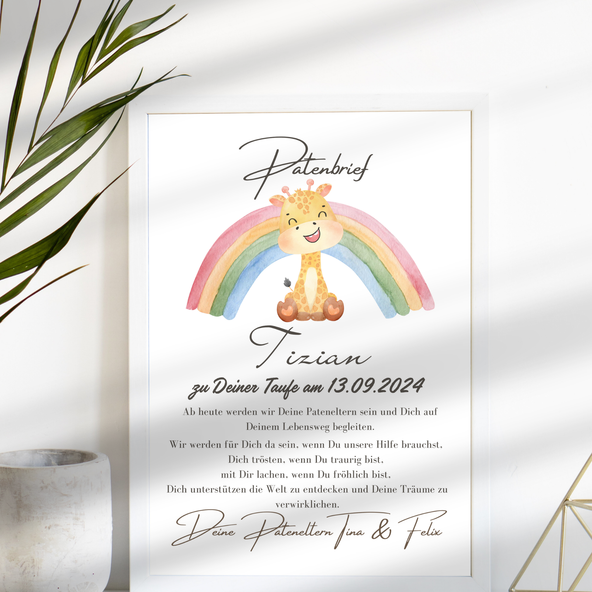 Personalisierter Patenbrief mit Giraffe & Regenbogen zur Taufe oder Geburt. Digitaler Download, Last Minute Geschenk, sofort ausdrucken & verschenken.