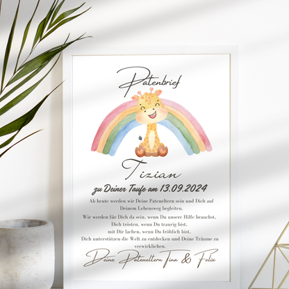 Personalisierter Patenbrief mit Giraffe & Regenbogen zur Taufe oder Geburt. Digitaler Download, Last Minute Geschenk, sofort ausdrucken & verschenken.