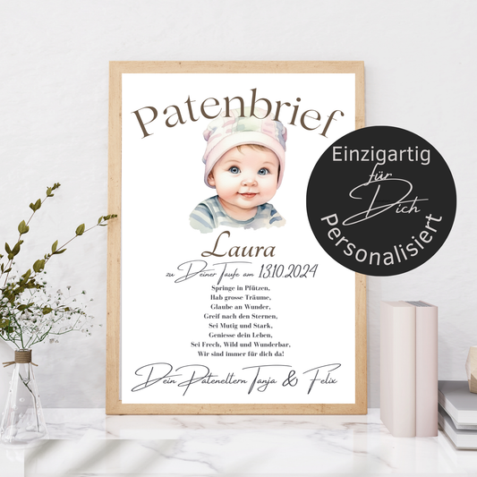 Personalisierter Patenbrief als digitaler Download – Name, Datum & Text individuell. Sofort ausdrucken, einrahmen & verschenken.