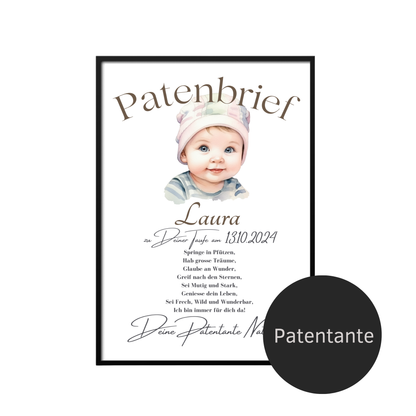 Personalisierter Patenbrief als digitaler Download – Name, Datum & Text individuell. Sofort ausdrucken, einrahmen & verschenken.