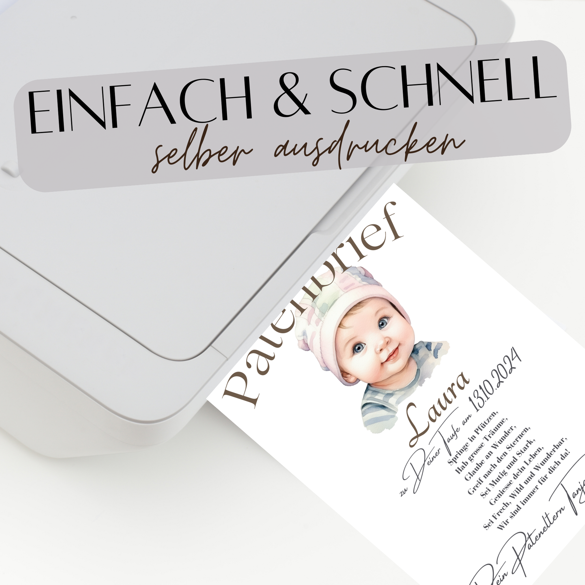 Personalisierter Patenbrief als digitaler Download – Name, Datum & Text individuell. Sofort ausdrucken, einrahmen & verschenken.